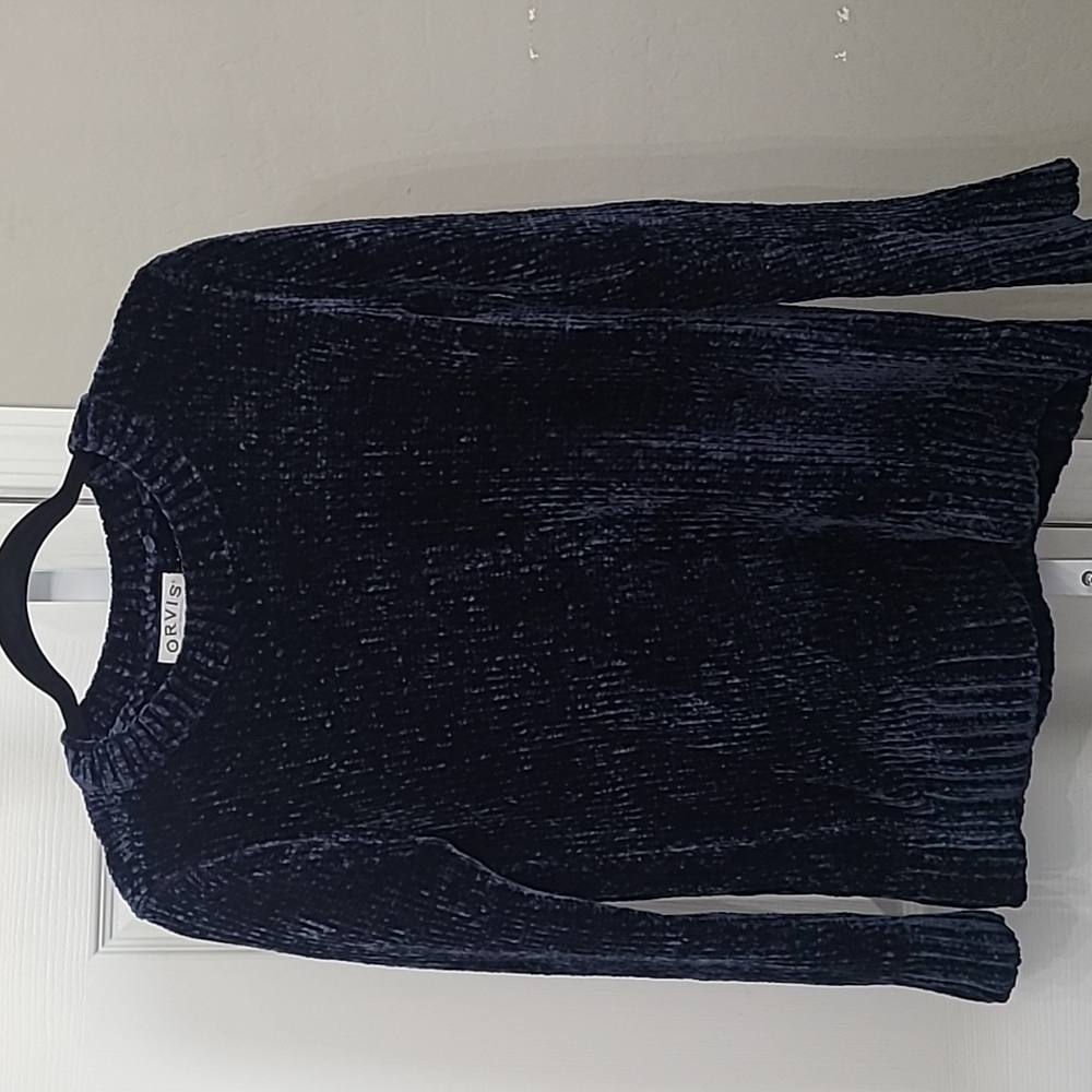 Orvis Women's Pull Over Sweater S Deep Blue Chenille Textured Fabric Crew Neck